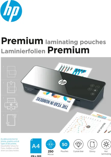 HP Premium Laminating Pouches, A4, 250 Micron