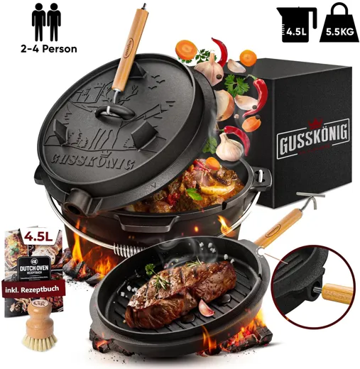 Gusskönig Eingebranntes Dutch Oven Set [4.5L] mit Standfüssen