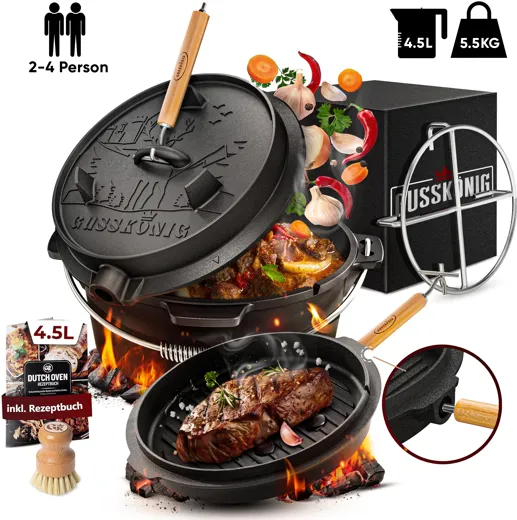 Gusskönig Eingebranntes Dutch Oven Set [4.5L] mit Edelstahl-Untersetzer