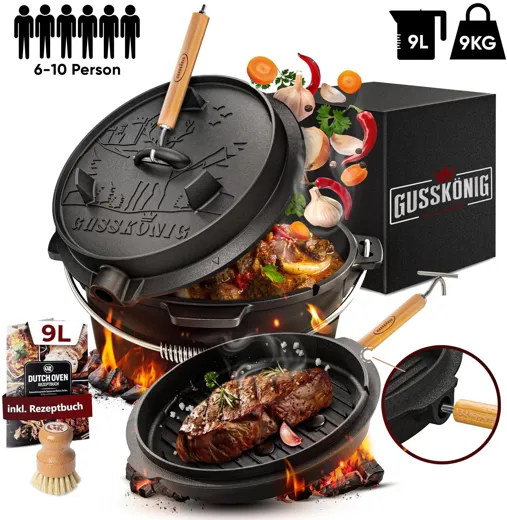 Gusskönig Eingebranntes Dutch Oven Set [9L] mit Standfüssen