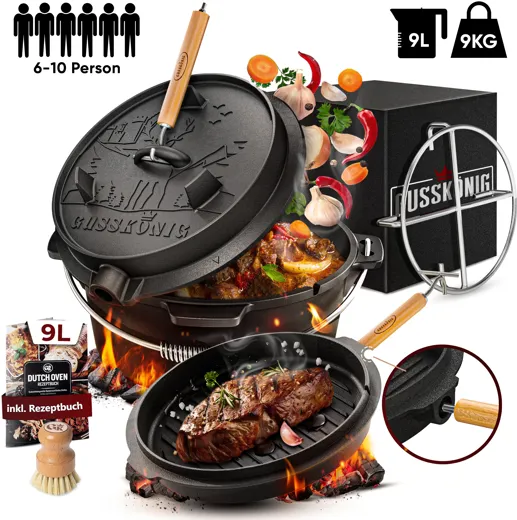 Gusskönig Eingebranntes Dutch Oven Set [9L] mit Edelstahl-Untersetzer