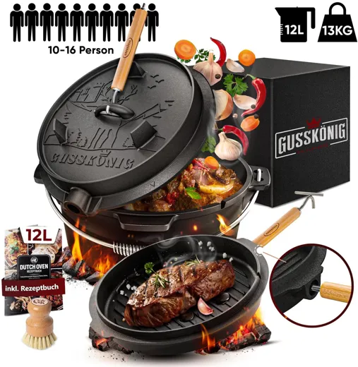 Gusskönig Eingebranntes Dutch Oven Set [12L] mit Standfüssen