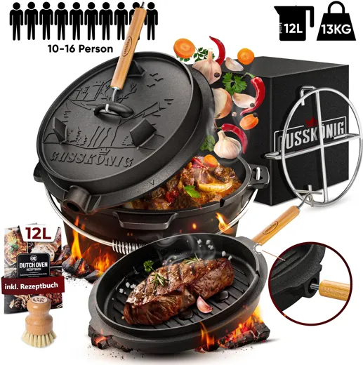 Gusskönig Eingebranntes Dutch Oven Set [12L] mit Edelstahl-Untersetzer
